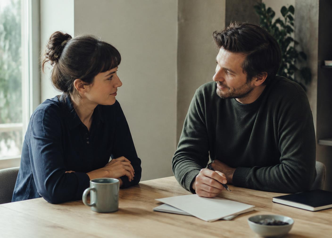 Two colleagues in calm conversation by a window